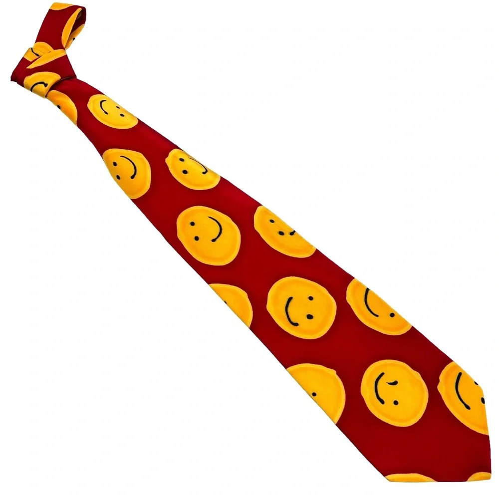 HAND PAINTED SILK RED WITH YELLOW HAPPY FACES BY ROBIN PILBROW TIE